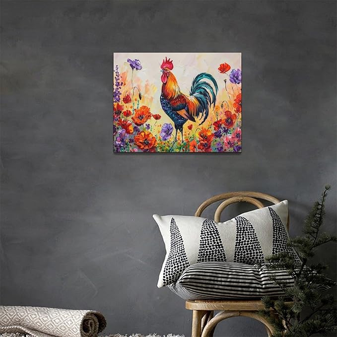 Rooster Wall Art Flower Poppy Canvas Living Room Pictures Framed Prints Colorful Floral Large Wall Decor Animal Painting Artwork for Bedroom Dining Home 16"x12"