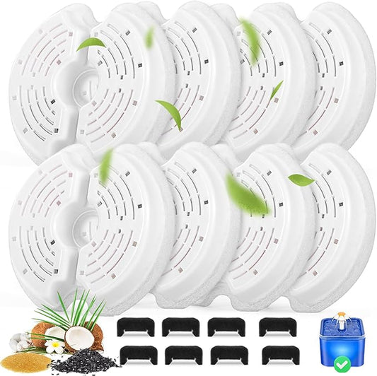 Cat Water Fountain Filters for 84oz/2.5L Stainless Steel Pet Fountain and 67oz/2.0L Plastic Cat Drinking Fountain, 8 Pack Pet Replacement Filters with 8 Pre-Filter Sponges