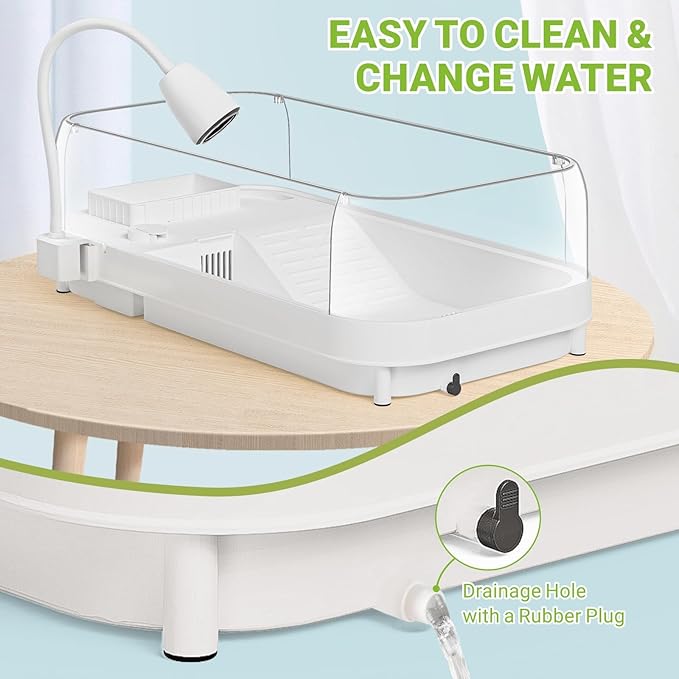 Large Turtle Tank Kit with Lamp and Filter, Acrylic Turtle Tank Starter Kit, Tank Aquarium with Heightened and Curved Fences, Bottom Drainage, Multi-Function Areas