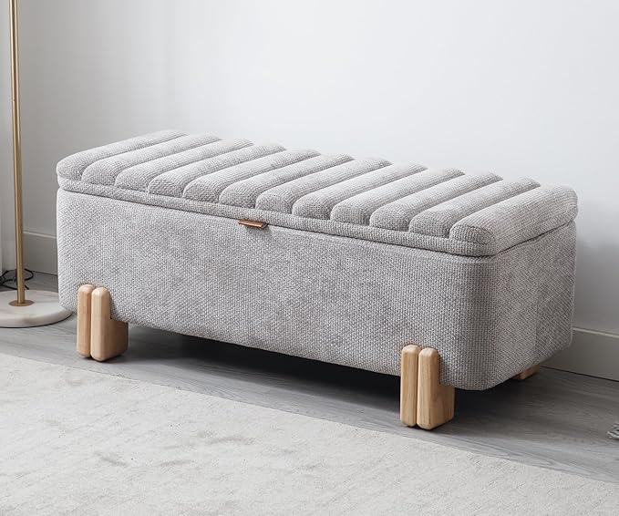 Kmax 45" Storage Bench Velvet Entryway Bench Upholstered Ottoman Bench with Wavy Top & Safty Hinge for Bedroom Living Room Hallway, Grey
