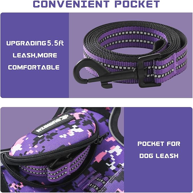 No Pull Dog Harness for Small Dogs, Adjustable No Choke Pet Vest with Dog Leash Fit Smart Reflective Pet Walking Harness for Training Easy Control Soft Handle Purple Camo S