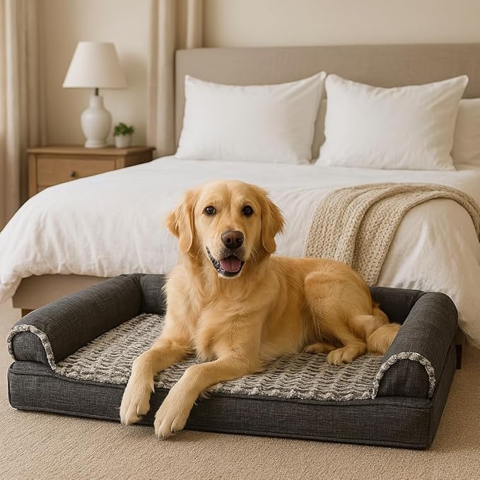 Furhaven Orthopedic Dog Bed for Large Dogs w/ Removable Bolsters & Washable Cover, For Dogs Up to 95 lbs - Luxe Faux Fur & Performance Linen Sofa - Charcoal, Jumbo/XL