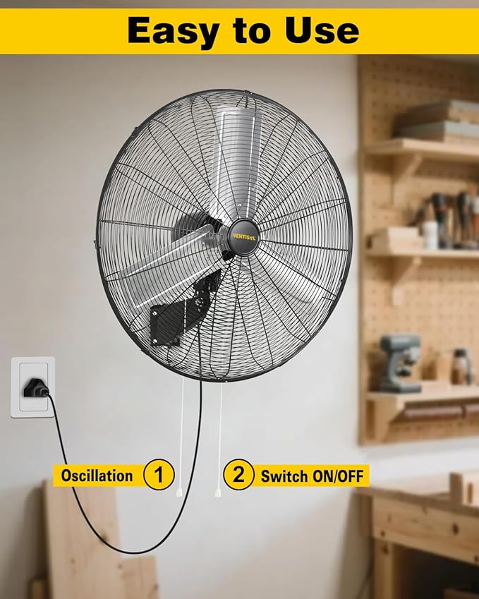 VENTISOL 30 Inch Wall Mount Fan Oscillating, 9500 CFM High Velocity Industrial Fans with 3 Speeds for Garage, Shop, Warehouse, Workshops, Cover Patio, ETL Listed