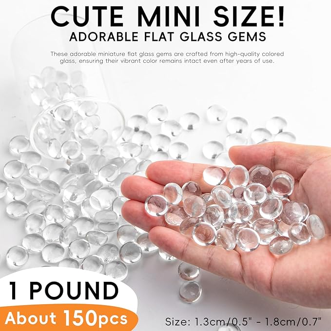 1 LB Clear Glass Marbles, Transparent Mini Flat Glass Beads~150 PCS for Vase Fillers, Floral Bottom Mancala Gems Pebbles Fish Tank Rocks for Table Aquarium,Home Decor Art Craft Supplies(0.5"~0.7")