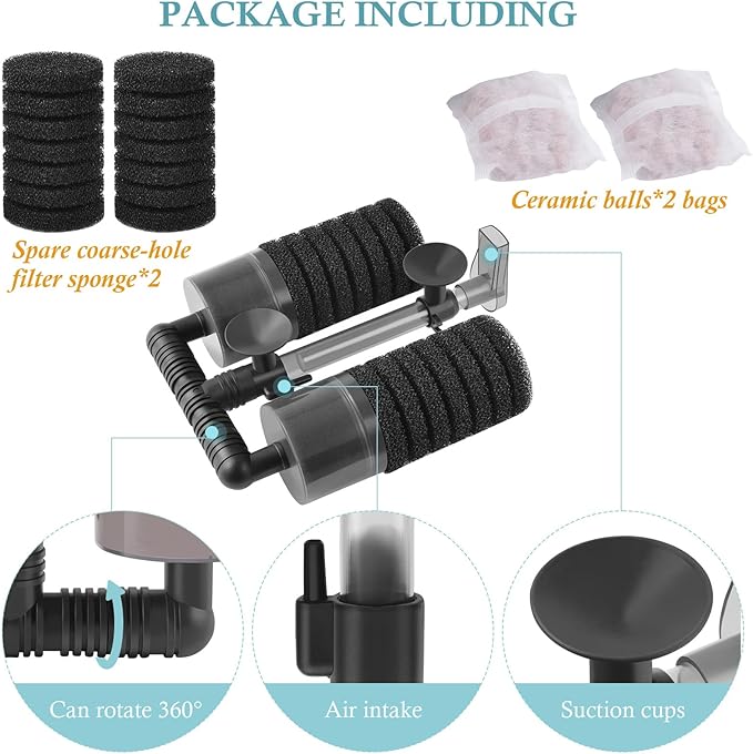 Air Powered Aquarium Sponge Filter with Biochemical Sponge and Ceramic Balls, Quiet Submersible Fish Tank Filter for 8-20Gallon (M-6.7in)