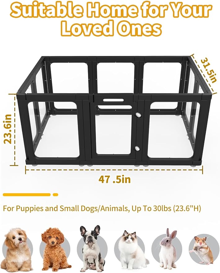 Dog Playpen, Clear Acrylic Plastic Puppy Playpen Indoor, Pet Pen for Puppy Cat Bunny, Transparent Easy Assemble Foldable Whelping Box for Dogs, Puppy Playpen with Gate (23.6" Height, 10PCS)