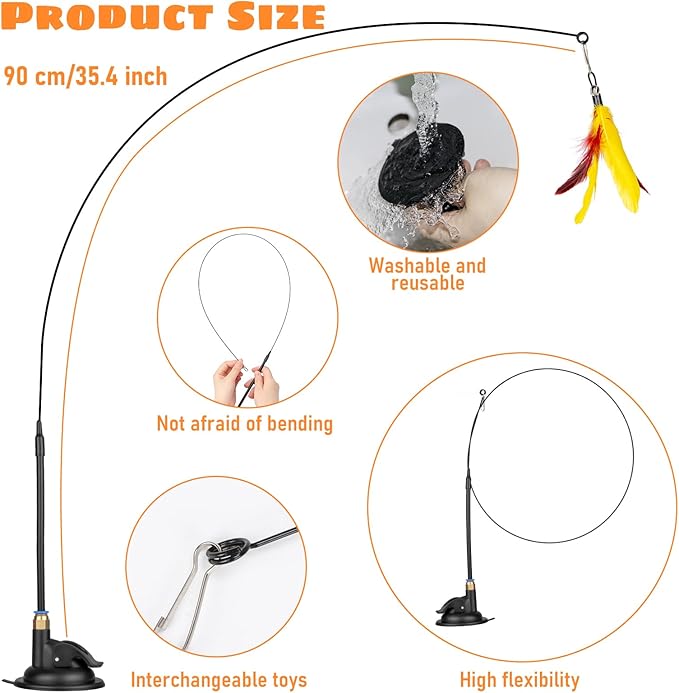 Cat Feather Toys, 10PCS Toys with Super Suction Cup, 2PCS Detachable Wand & 6PCS Replacement Teaser Refills, Interactive Indoor Cat Play