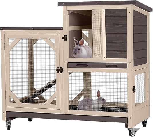 GUTINNEEN Rabbit Hutch Indoor Mobile Bunny Cage with Run Wooden 2 Story Guinea Pig Cage Outdoor for Small Animals with Wheels,Two Deeper No Leak Trays(Brown)