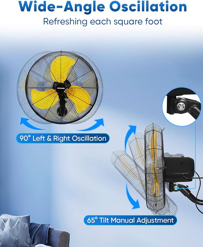 KEN BROWN 20 Inch Oscillating Wall Mount Fan, 4,460 CFM High Velocity Industrial Wall Fan for Indoor, Commercial, Residential, Warehouse, Greenhouse, Workshop, Basemen