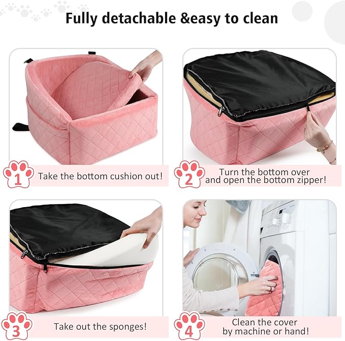 Dog Car Seat for Small Medium Dogs,Detachable Washable Dog Booster Seat Under 30lbs, Pet Car Seats Travel Bed with Storage Pockets and Safety Belt(Pink)