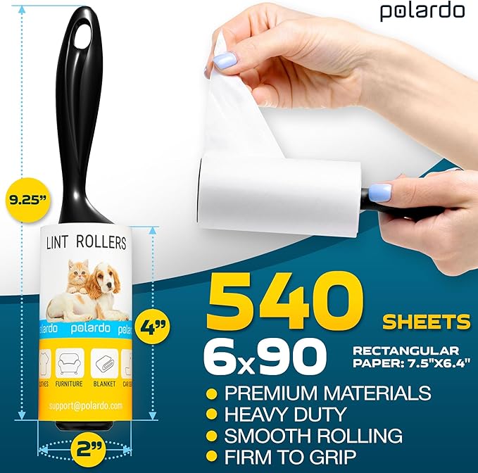Lint Rollers 2 pcs, 540 Sticky Sheets, Extra 4 Spare Rollers/Hair Remover for Clothes, Furniture, Couch, Carpet, Dog Hair Remover, Cat Hair Remover, Animal Fur, Fuzz