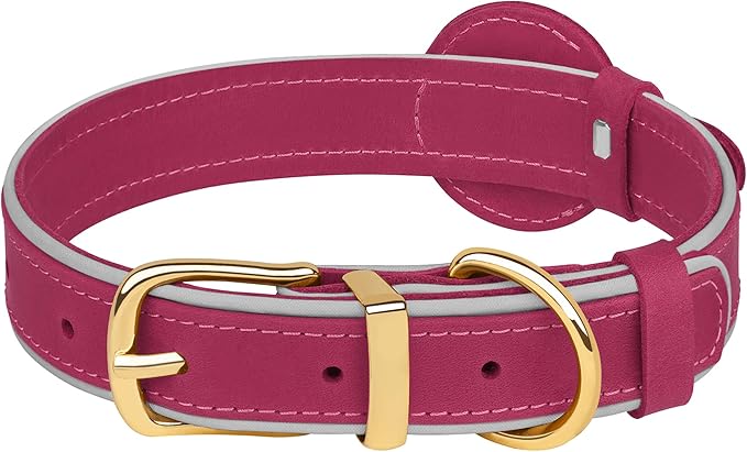 OOPSDOGGY Reflective Geniune Leather Airtag Dog Collar Soft Padded Collars for Small Medium Large Breed Dogs Puppy, 4 Sizes, 7 Colors (Pink, XLarge, 19"-24")