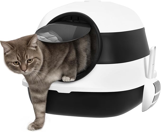 PawHut Cat Litter Box - Covered, High Sides, Air Freshener, Two-Way Entrance, Foldable, Easy Clean, White & Black
