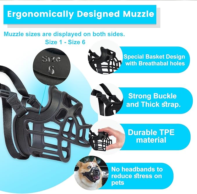 Dog Muzzle, OKKIC Basket Muzzle Anti Biting Chewing, Sturdy Lightweight Muzzle Allows Panting Drinking,Muzzle for Small Medium Large Dogs, Suitable for Grooming Trimming Training (Black, Size6)