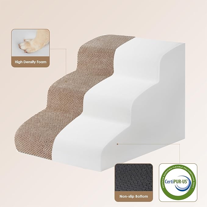 EHEYCIGA Curved Dog Stairs Ramp for Small Dogs 15.7" H, 3-Step Dog Steps for Couch Sofa and Chair, Pet Stairs for Cats, Non-Slip Balanced Pet Steps Indoor, Camel