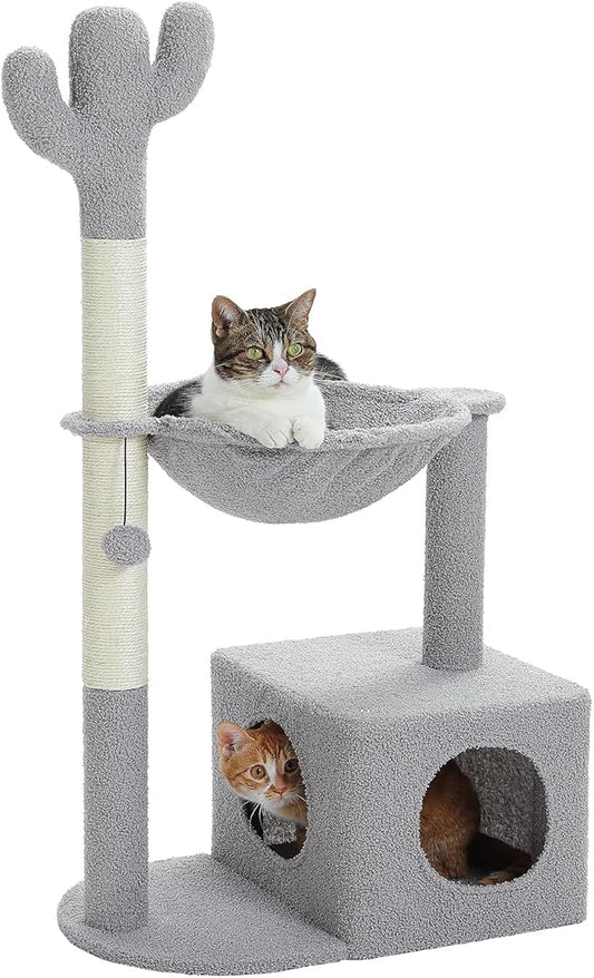 Cactus Cat Tree Cat Scratching Post 40" Cat Tower with Large Metal Carpet Hammock, Cat Scratching Post for Indoor Cats with Condo& Dangling Ball, Grey