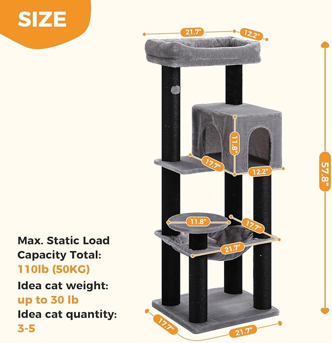 Large Cat Tree with Reinforced Scratching Posts (φ3.1in) for Big Adult Cats 30 lbs, 57.8" Heavy Duty Cat Tower with Larger Hammock and Condo, Cat Furniture for Maine Coon, Plush,Black