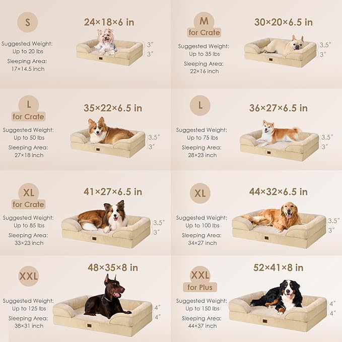 EHEYCIGA Orthopedic Dog Beds for Large Dogs, Waterproof Memory Foam Large Pet Bed with Sides, Non-Slip Bottom and Egg-Crate Foam Dog Couch Bed with Washable Removable Cover, Greige
