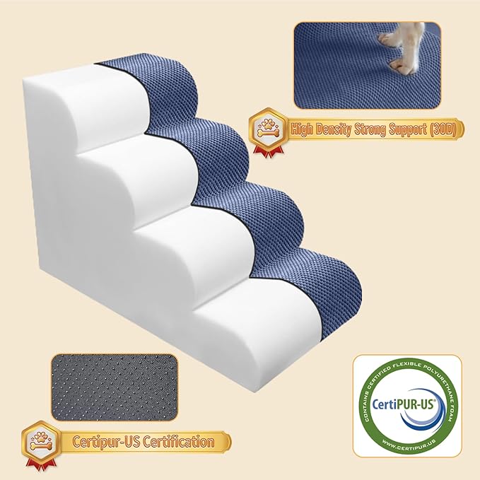 PAWSCART Dog Stairs for Small Dogs and Cats, 4-Step Dog Steps for Bed, 19.6" H Pet Stairs for High Bed, Pet Ramp for Couch, Sofa, Non-Slip Surface Removable Washable Cover, Blue