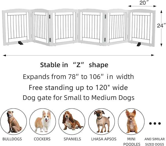 ZJSF Freestanding Dog Fence Indoor, Foldable Dog Gate for Doorways, Stairs or Hallways, Sturdy Wood Extra Wide Pet Gate with Support Feet for The House, White, 24 "Height-6 Panels