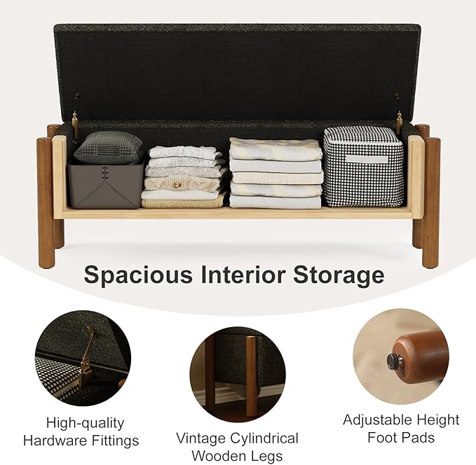 Storage Ottoman Bench, End of Bed Bench for Bedroom, 47" Boucle Upholstered Entryway Shoe Seat Benchs, Holds up to 660 lb Storage Ottoman, Padded Blanket Chest Stool Foot Rest for Living Room Grey