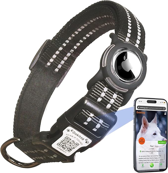 Reflective Dog Collar with Apple AirTag Holder & QR Code Pet ID Tag,Soft Nylon Adjustable Dog Tracker Collar with Safety Lock for Medium Dogs(Black, M)