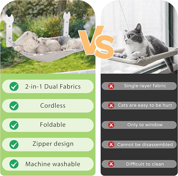 2 Pack Cat Window Perch, Glow in The Dark Foldable Cat Hammock with Sunken Design & Removable Soft Cover, Breathable Cordless Window Bed for Resting Indoor Kitten (Shallow Perch, 2 Pack - L)