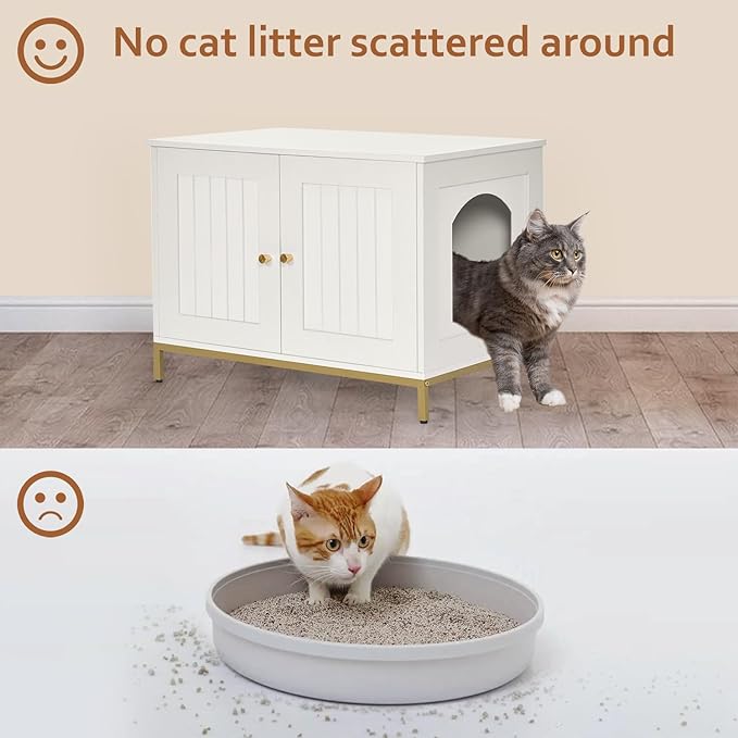 Homhedy Cat Litter Box Enclosure, Cat Washroom Furniture with Metal Frame, Pet House, Fit Most of Litter Box, Modern Style, White and Gold