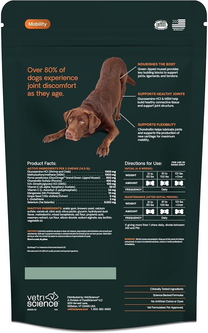 VetriScience Ultimate Strength Healthy Hip & Joint Chews, GlycoFlex Glucosamine, Chondroitin and Green-Lipped Mussel Joint Support Supplement for Dogs, Soothe Joint Discomfort, Duck, 120 Count