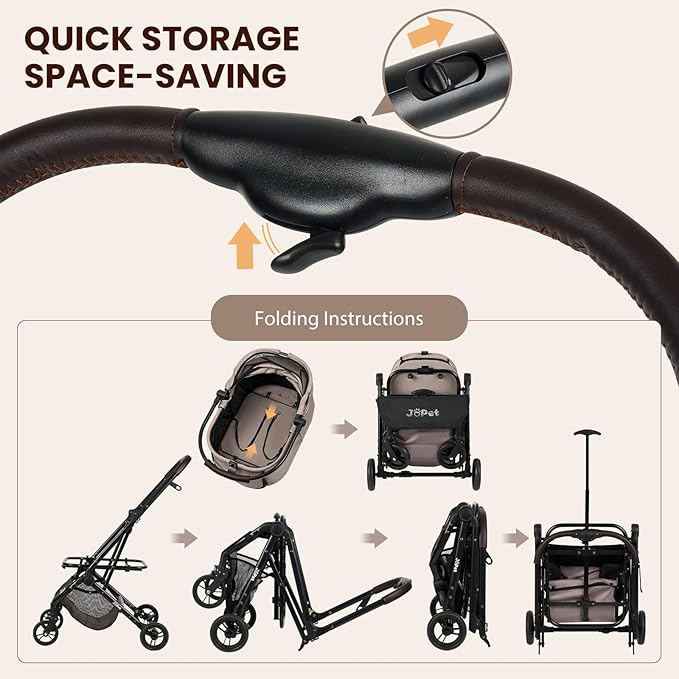 Pet Stroller, Small to Medium Dogs & Cats, Foldable, One-Hand Fold, Detachable Carrier, Latte Color