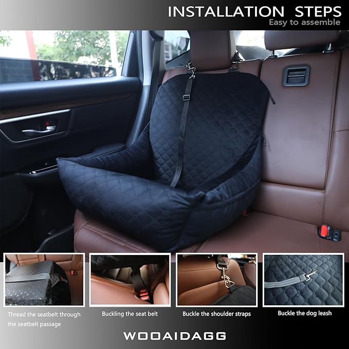 Dog Car Seat for Small Dogs Up to 25 lbs,Covered Ultra-Soft Fabric and Fill in Memory Foam,Fully Detachable and Washable,2 Clip-On Safety Leashes and Storage Pockets(Black)