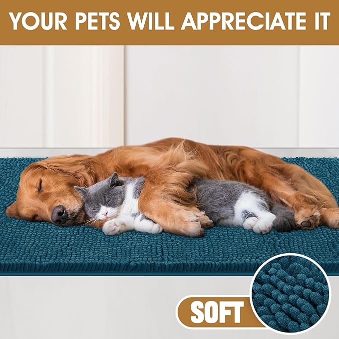 IM HOME 48" x 38" Teal Blue Dog Door Mats for Muddy Paws, Chenille Absorbent Dog Mat, Non Slip Heavy Mud Mat for Dogs, Soft Pet Bed Mat for Entryway, Mud Paws, Inside Floor