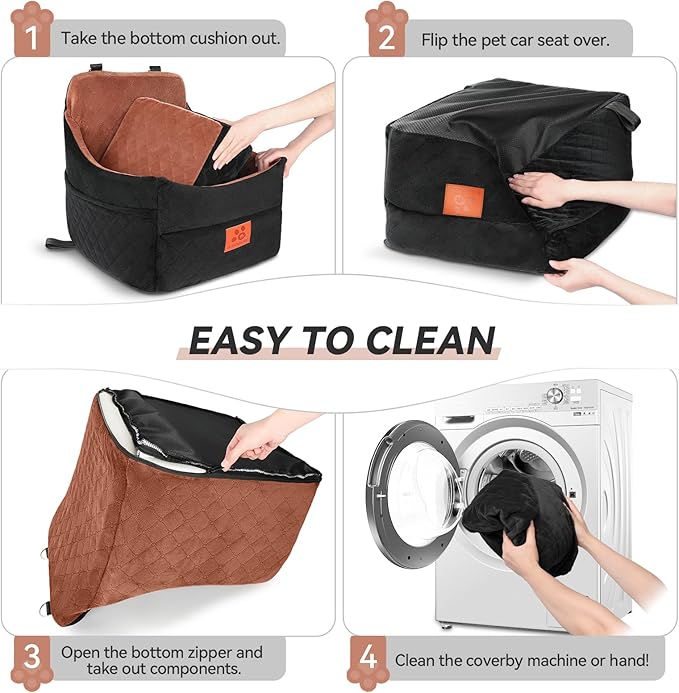 Dog Car Seat for Small/Medium Dogs, Dog Booster Car Seats with Thick Cushion for Dogs Under 35lbs, Detachable Washable Pet Car Seat with Storage Pockets, 2 Safety Belts(Black/Brown)