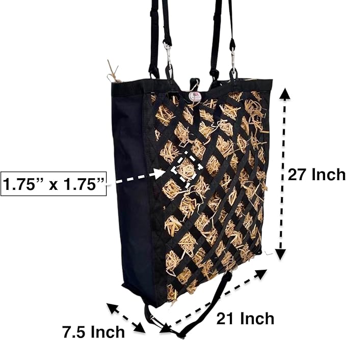 Majestic Ally Premium Nylon Hay Bag for Horses and Livestock, Simulates Grazing, Slow Feeding, Heavy-Duty PP Webbing,Quick-Adjust Straps, Small Hole for Digestion, Multiple Colors (Black)