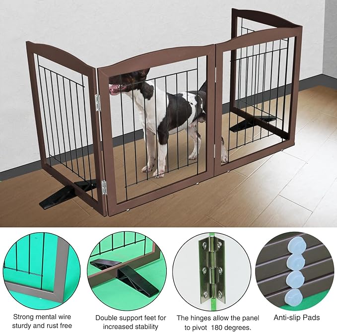 ZJSF Freestanding Dog Fence Indoor, Foldable Dog Gate for Doorways, Stairs or Hallways, Sturdy Wood Extra Wide Pet Gate with Support Feet for The House, Brown, 24 "Height-4 Panels