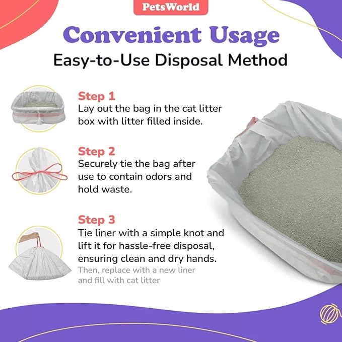PETSWORLD Cat Litter Box Liners, Heavy Duty Litter Pan Liners Bags with Drawstring for Pet Cat Litter Tray (Unscented) (Extra Large - 36 x 18 Inches, 30 Count)