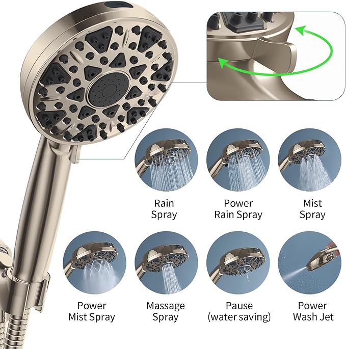 High Pressure Shower head with Handheld 7 Modes, Built-in Power Wash to Clear Tub. Tile & Pets, 5” High Flow Hand Held Rain Showerhead with Stainless Steel Hose and Adjustable Bracket- Brush Nickel
