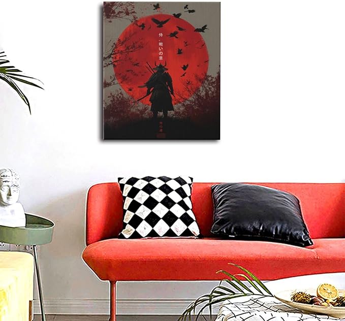 Japanese Armored Samurai Wall Art Modern Japan Warrior Canvas Wall Decor Asian Oriental Bushido Pictures Painting Print Artwork Framed Decorations Gifts for Room Bedroom Office Living Room 20"x24"