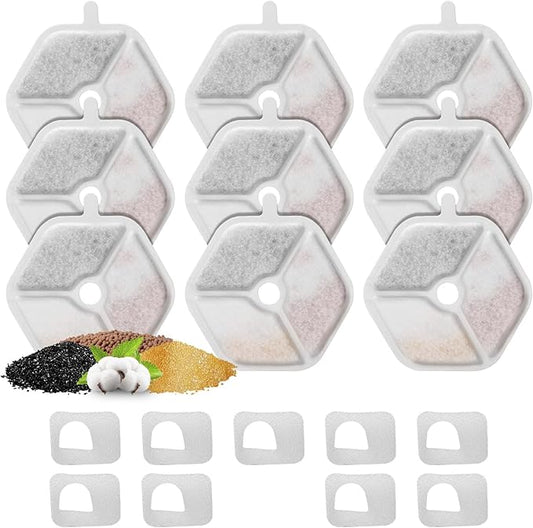 9 Packs Replacement Filters and Sponges for 152oz/4.5L Wireless Cat Water Fountain, ZEKIRY Cat Water Fountain Filters, 5-Layer Filtration System Pet Fountain Filters