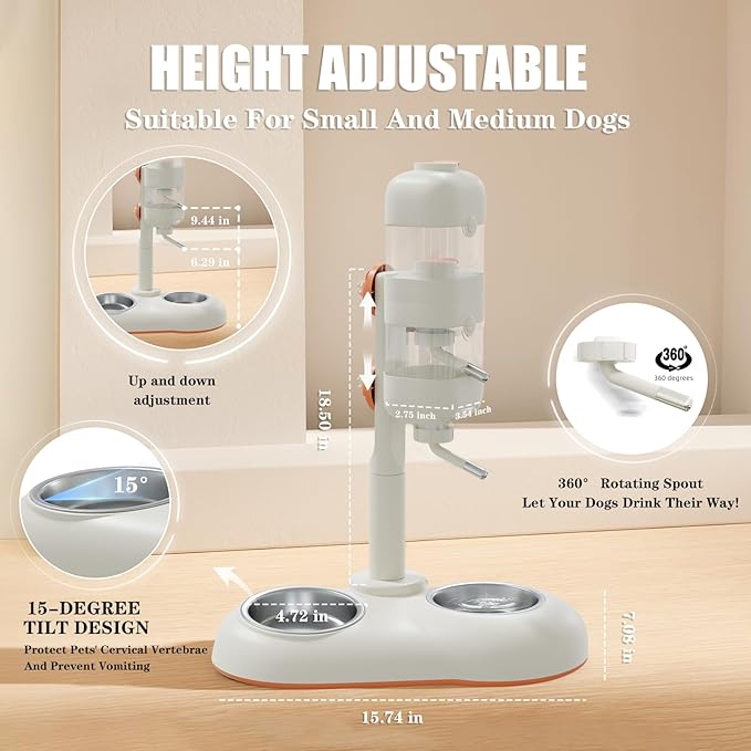 Pet Bowls,15°Tilted Puppy Food Bowls with Puppy Weaning Bottles,3 in 1 Height Adjustable Water Dispenser for Dogs,Pet Food Bowls for Ferrets,Cats,Rabbits and Small Sized Dogs(White)