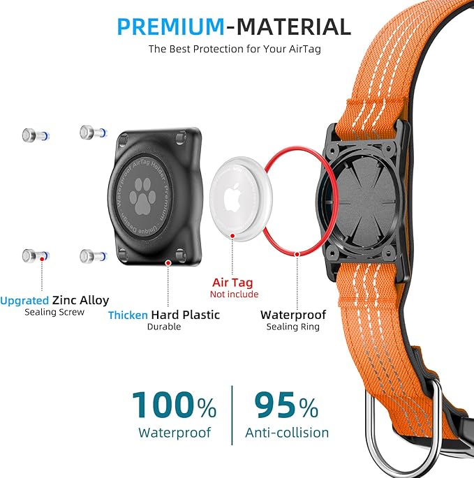 Upgraded AirTag Dog Collar, IP68 Waterproof Air Tag Dog Collar Holder, Reflective, Ultra-Durable, Comfortable Padded, Heavy Duty Dog Collars for Small Medium Large Dogs (XL (15.6"-22"), Orange)