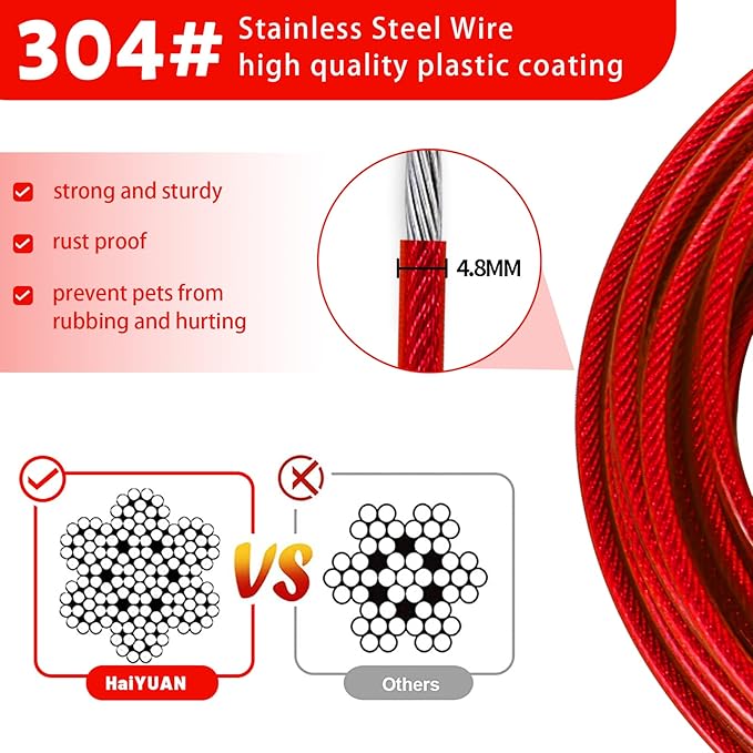 Dog Tie Out Cable 10/15/20/25/30 FT Runner for Yard Steel Wire Cable with Durable Superior Clips Red Chains for Outside Dog Lead for Large Up to 165 Lbs