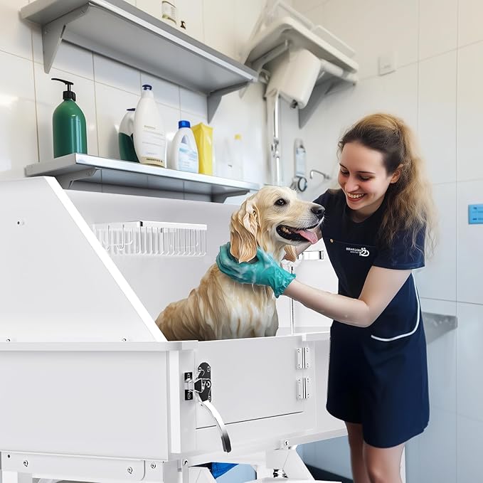 Dog Washing Station for Home, 38" White Professional Stainless Steel Dog Grooming Tub, Height Adjustable Dog Bathing Station, Upgrade Parts, Dog Bath Tubs for Small & Medium Dogs(Left Stair)