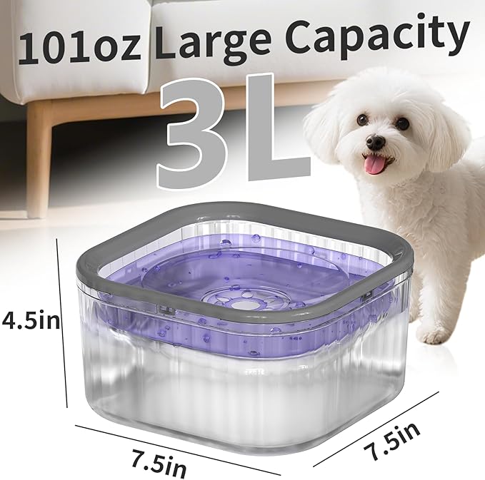 3L Dog Water Bowl No Spill 101oz Large Capacity Spill Proof Slow Drinking Water Feeder No Splash Pet Water Bowl Vehicle Carried Travel Dog Bowl for Sloppy Messy Drinkers Cats(Purple)