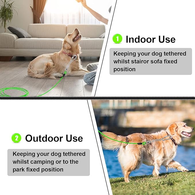 Jenico Dog Tie Out Cable, 10-150FT Runner Cable with Swivel Hook and Shock Spring, Yard and Camping Dog Leash Tether for Small to Medium Pets Up to 500 LBS
