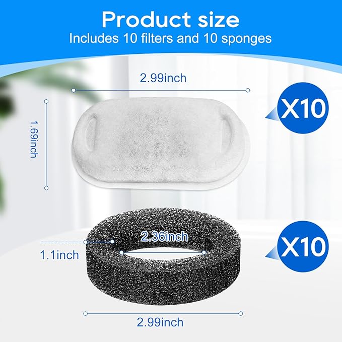Cat Water Fountain Filter Replacement 67oz/2L, 8+8 Pack Filter & Sponge Compatible with Tomxcute Cat Fountain Stainless Steel 135oz/4.0L or 108oz/3.2L, Compatible with NautyPaws 3.2L/108oz
