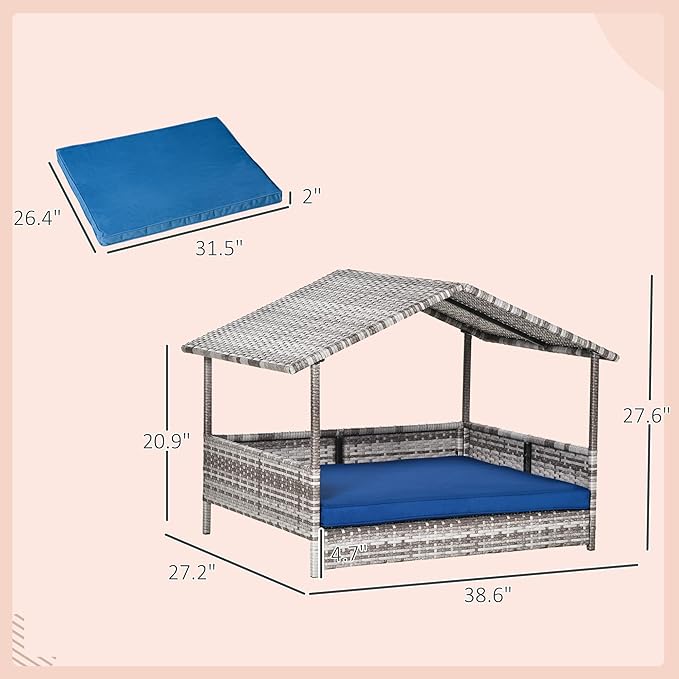 PawHut Wicker Dog House Outdoor with Canopy, Rattan Dog Bed with Water-Resistant Cushion, Raised Dog Bed for Small, Medium Dogs up to 66 lbs, 19.75" in Length, Gradient Gray Wicker, Dark Blue Cushion
