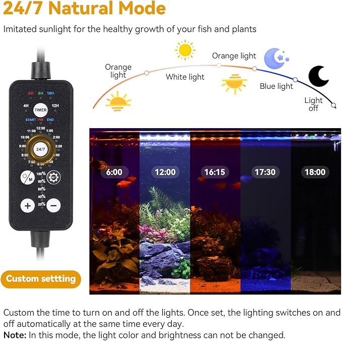 hygger 24W LED Aquarium Light, 24-30 Inch Fish Tank Light with Timer Auto On/Off, Sunrise Sunset Mode, Adjustable Brightness and Colors, Full Spectrum Light with Extendable Brackets for Freshwater