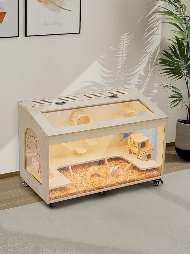 Hamster Cage Large 32 inch Guinea Pig Cages Hamster Cages Enclosure and Habitats Mice Rat Cage with Platform Openable Top Acrylic Sheets Wooden Chewproof Small Animal Cage for Hedgehog Mouse Gerbil
