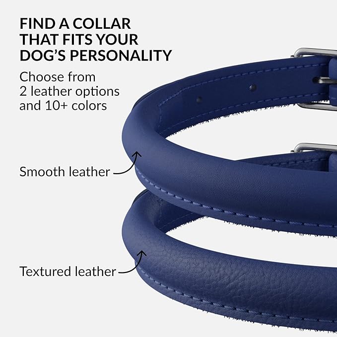 CollarDirect Rolled Leather Dog Collar, Soft Padded Round Puppy Collar, Handmade Genuine Leather Collar Dog Small Large Cat Collars 13 Colors (6-7 Inch, Deep Blue Smooth)